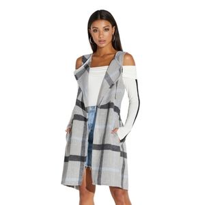Favlux Long Plaid Vest Women's Size S Gray Blue Black Open Front With Pockets